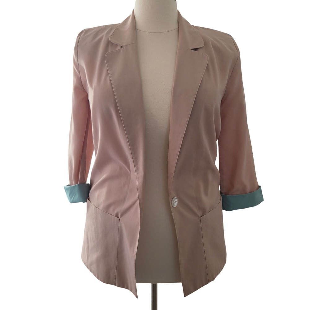 Leslie Fay Vintage Blush Pink Blazer Teal Contrast Cuff Single Button Size 10